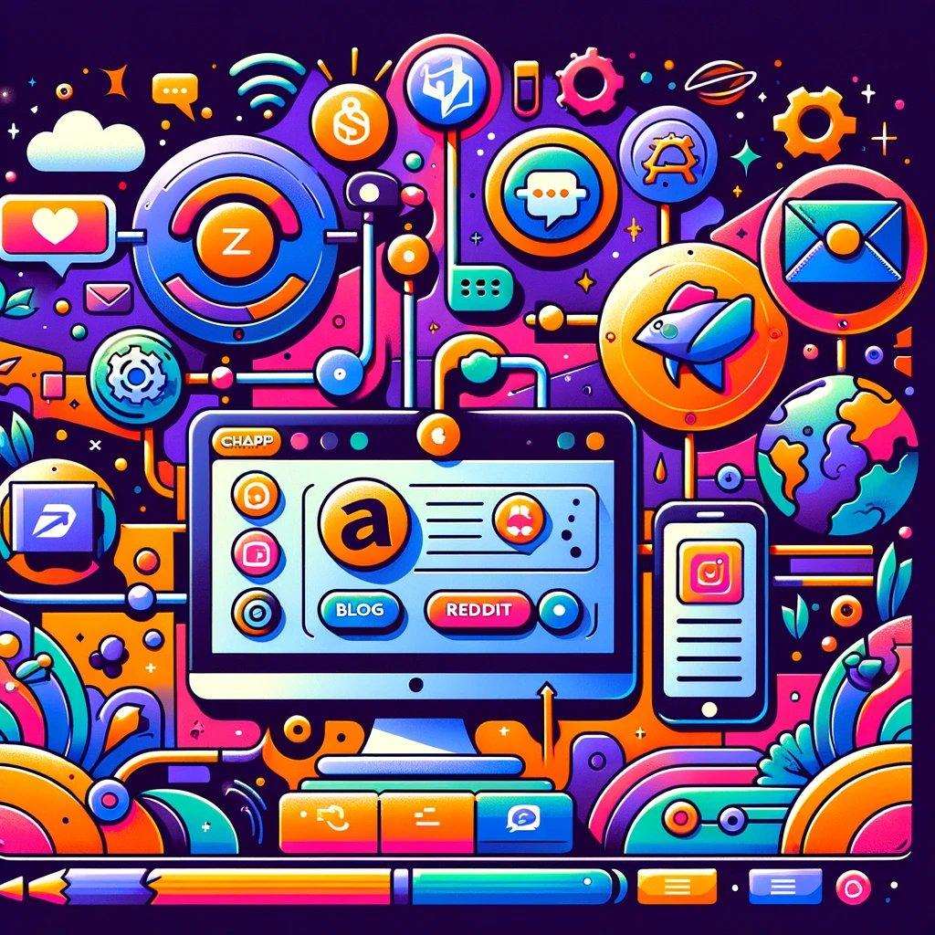 Shopify Blog Amplifier automation template illustration showing multi-channel digital marketing.